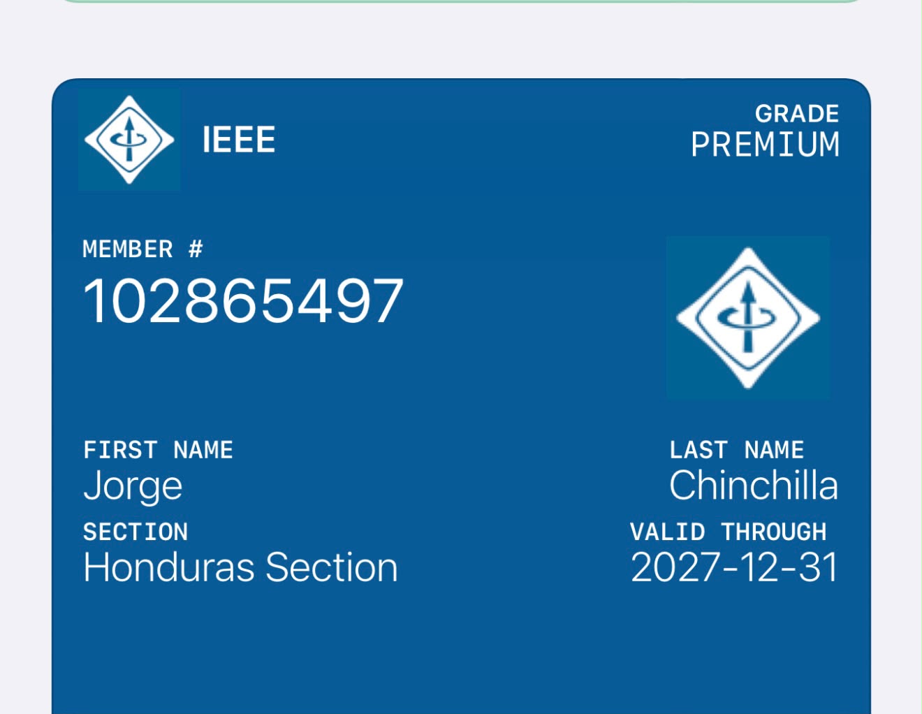 Tarjeta de membresía IEEE de Jorge Chinchilla, Sección Honduras